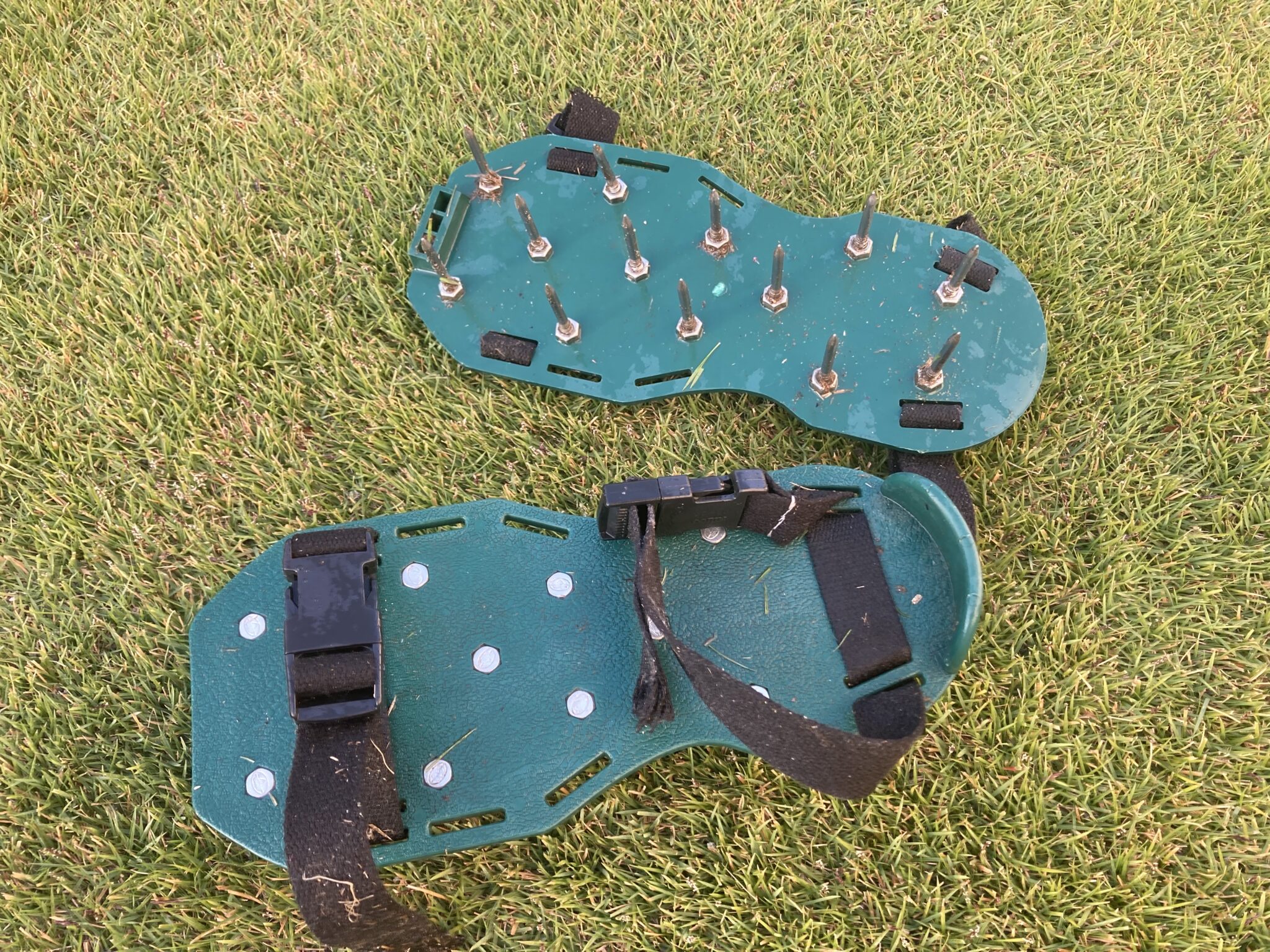 alt="芝生のエアレーションに使うガーデンスパイク。靴に装着して踏み込むことで通気性や水はけを改善できる便利な道具"