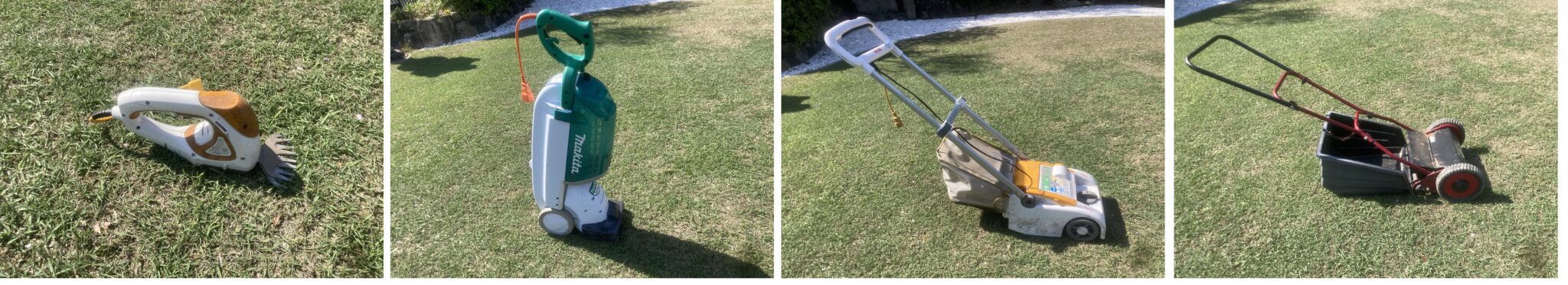 リョービ AB-1120、マキタ MLM160、リョービ LM-2310、キンボシ GFF-2500ファインモアーの4種類を並べた芝刈り機と芝生用バリカンの試用画像