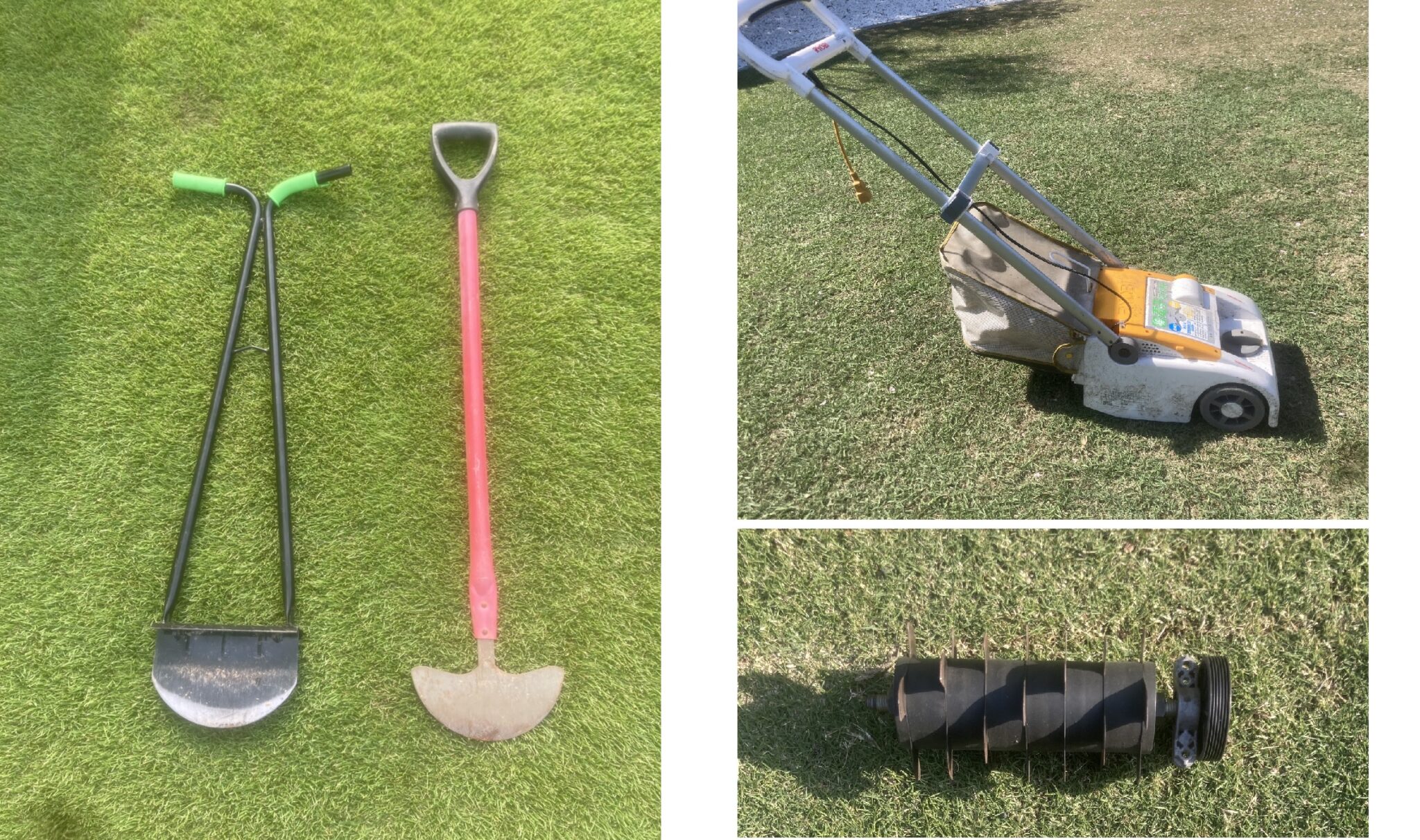 芝生の根切りに使う道具（ターフカッターと電動芝刈り機＋根切り刃）