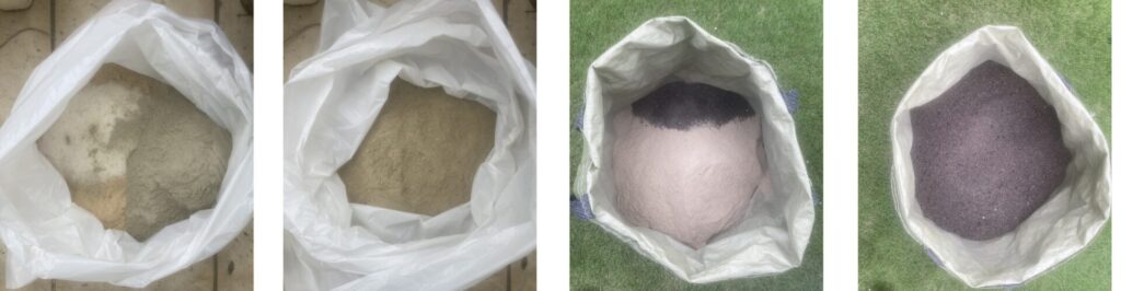 ブレンドカルスを作る過程の写真：左からカルスNC-R、米ぬか、硫安をゴミ袋に入れた状態、混ぜ合わせた状態、ガーデンバッグに目土と混ぜた状態、すべて混ぜ合わせた完成状態
