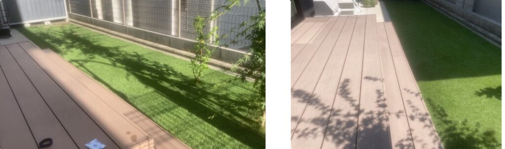 YUKI庭の芝生を2025年7月27日と8月31日で比較した写真。撮影角度や時間が異なるため単純比較はできない。
