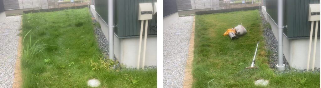 HASHIRI庭のビフォーアフター画像。左は作業前で雑草だらけ、右は作業後で芝の高さをそろえた状態。