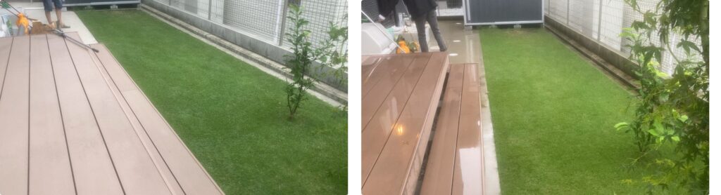 「9月末と10月末のYUKI庭の芝生比較。秋が深まり、緑が少し落ち着いた柔らかな色合いに変化している。」