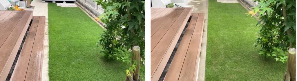 YUKI庭の作業前後の比較。際刈りによって芝生の境界が整い、コアリングとブレンドカルス散布後の様子。